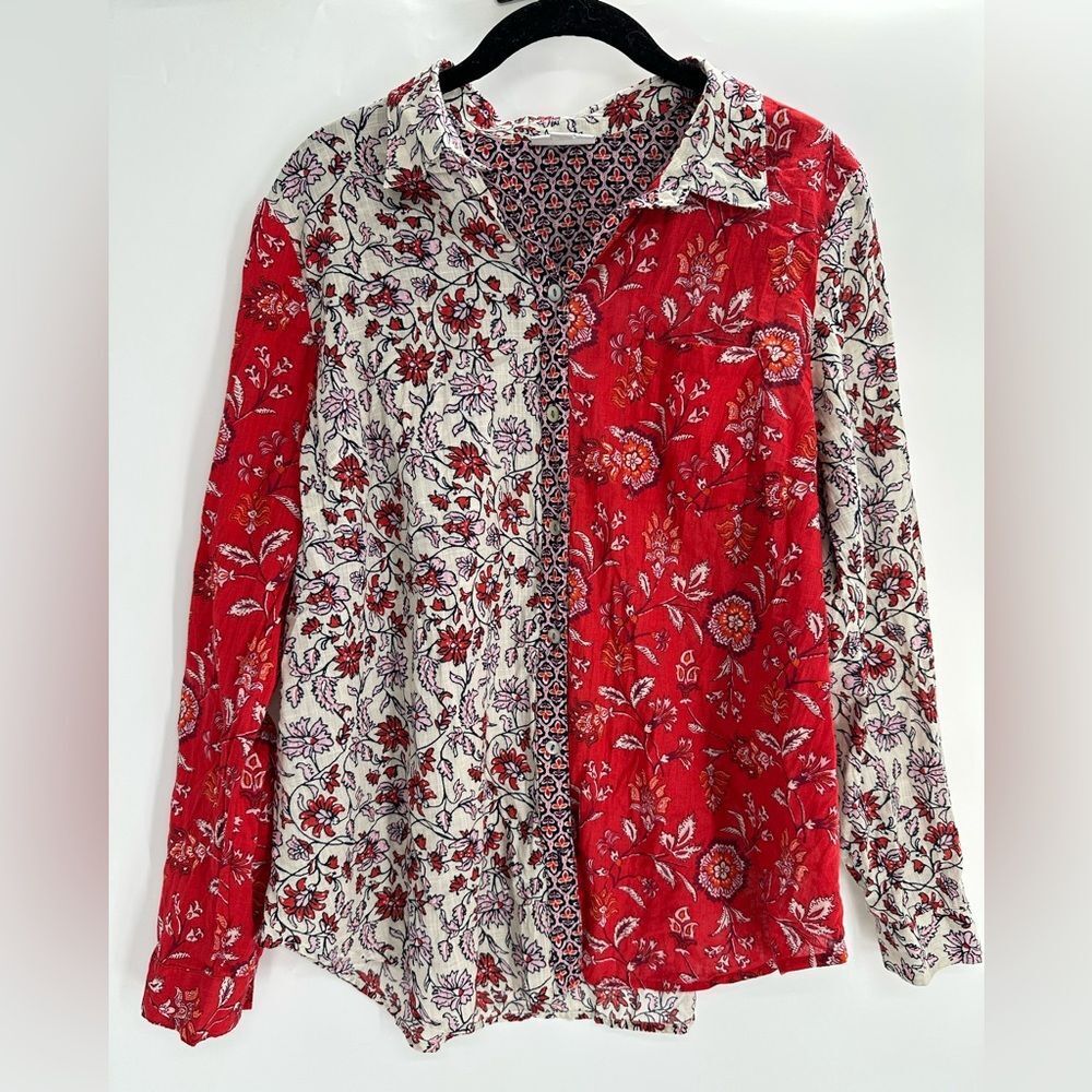 J.Jill Patchwork Floral Button Front Shirt Women’s Medium Red Cream Cotton Boho - Picture 2 of 8